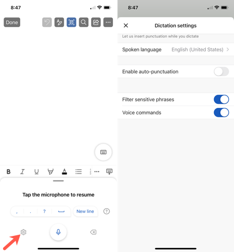 Dictation settings in Word mobile