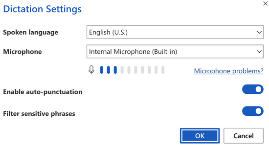 Dictation settings in Word on the web