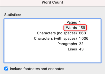 Full word count in Mac's Word Count dialog.