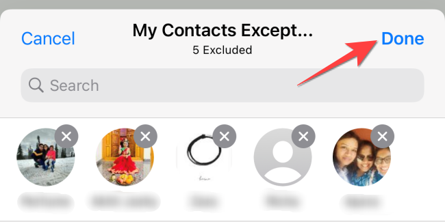 Tap "Done" after selecting contacts to exclude.