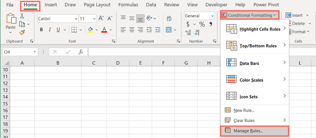 Select Manage Rules under Conditional Formatting