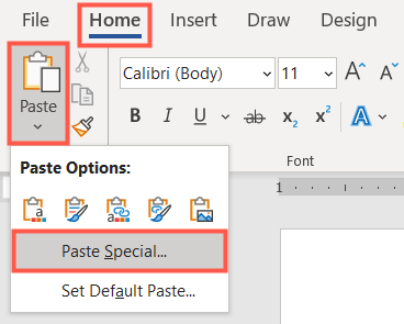 Home tab in Word, Paste, Paste Special