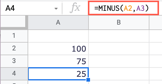 Subtract cell values with the MINUS function