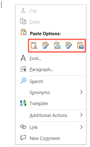 Paste Options in the shortcut menu