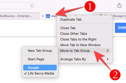 Right-click on a tab, select "Move to Tab Group" and choose a new tab group or an existing one.