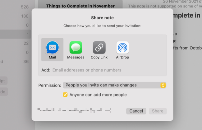 Share note in Apple Notes for Mac
