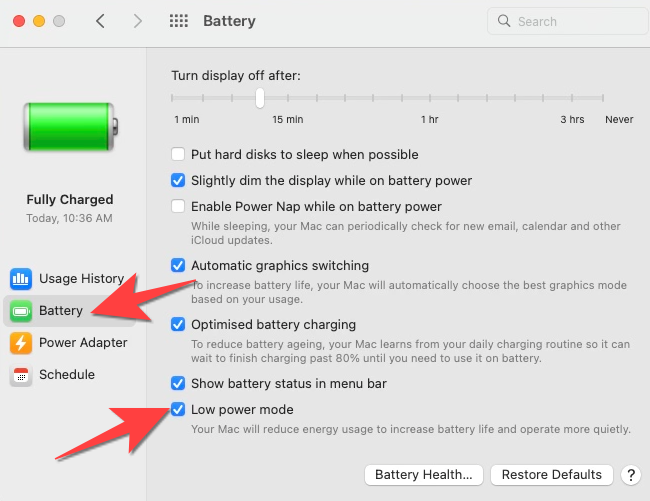 Select the "Battery" menu and check the box for "Low Power Mode."