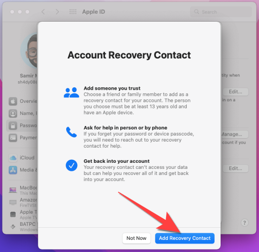 Click the "Add Recovery Contact" button.