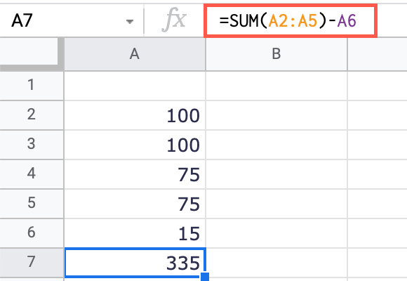 Use the SUM function with subtraction