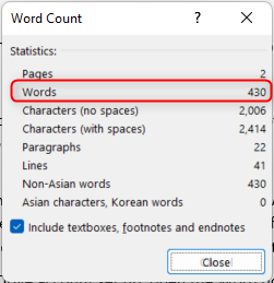 The word count dialog.