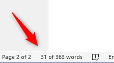 Word count of a specific section in the status bar.
