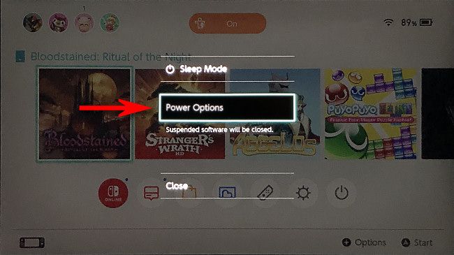 On the Nintendo Switch, select "Power Options."