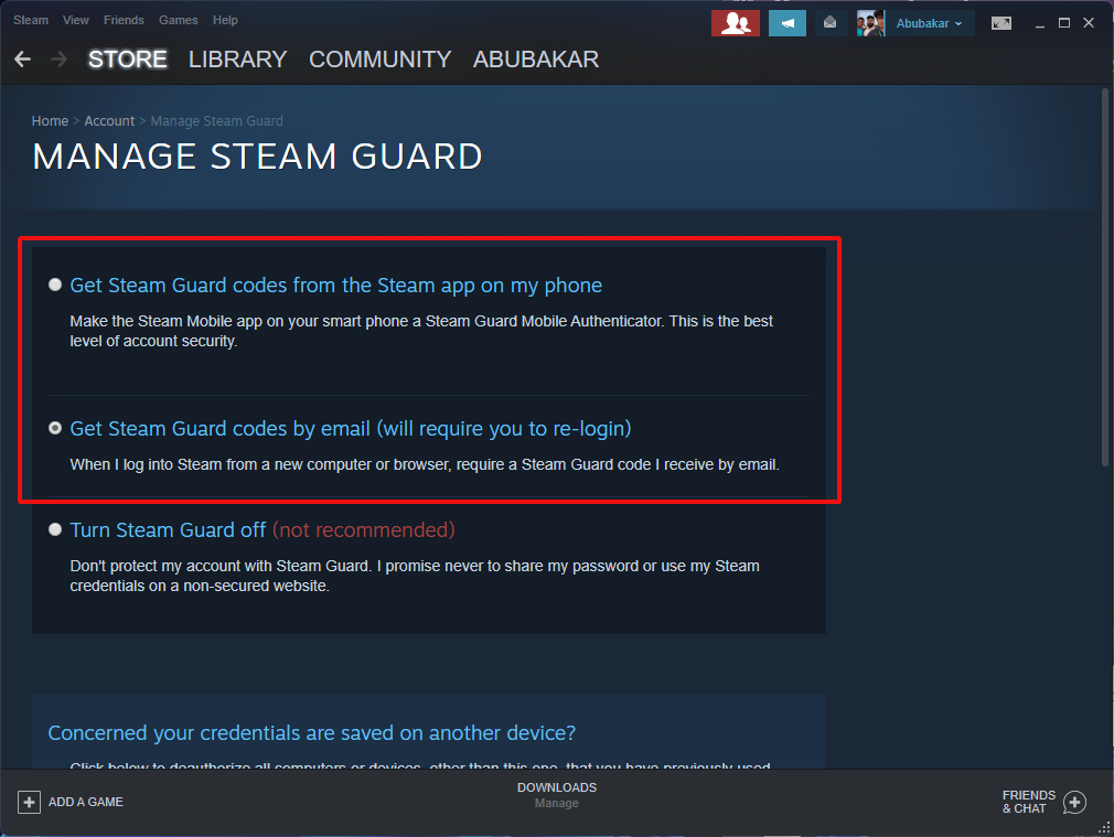 check the get steam guard codes by email option