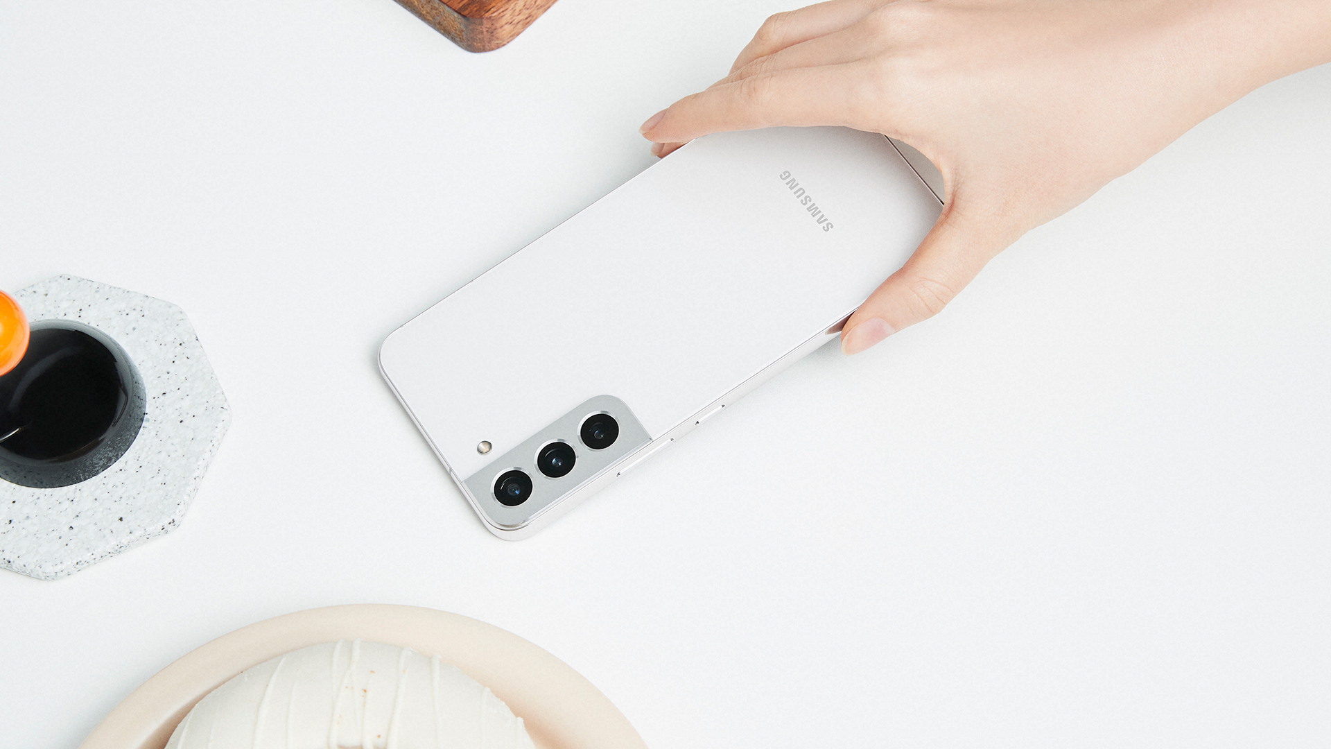 The Samsung Galaxy S22 in white.