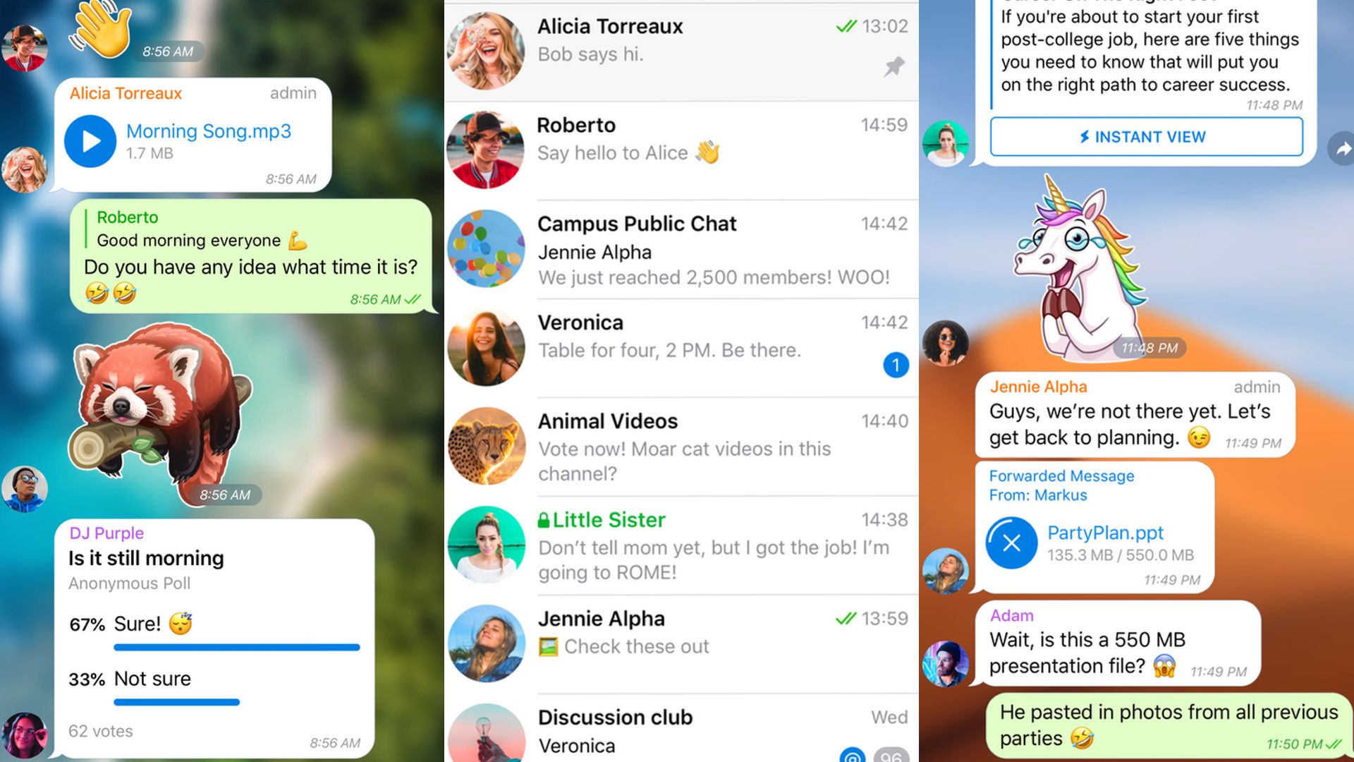 Three screenshots of the Telegram chat interface