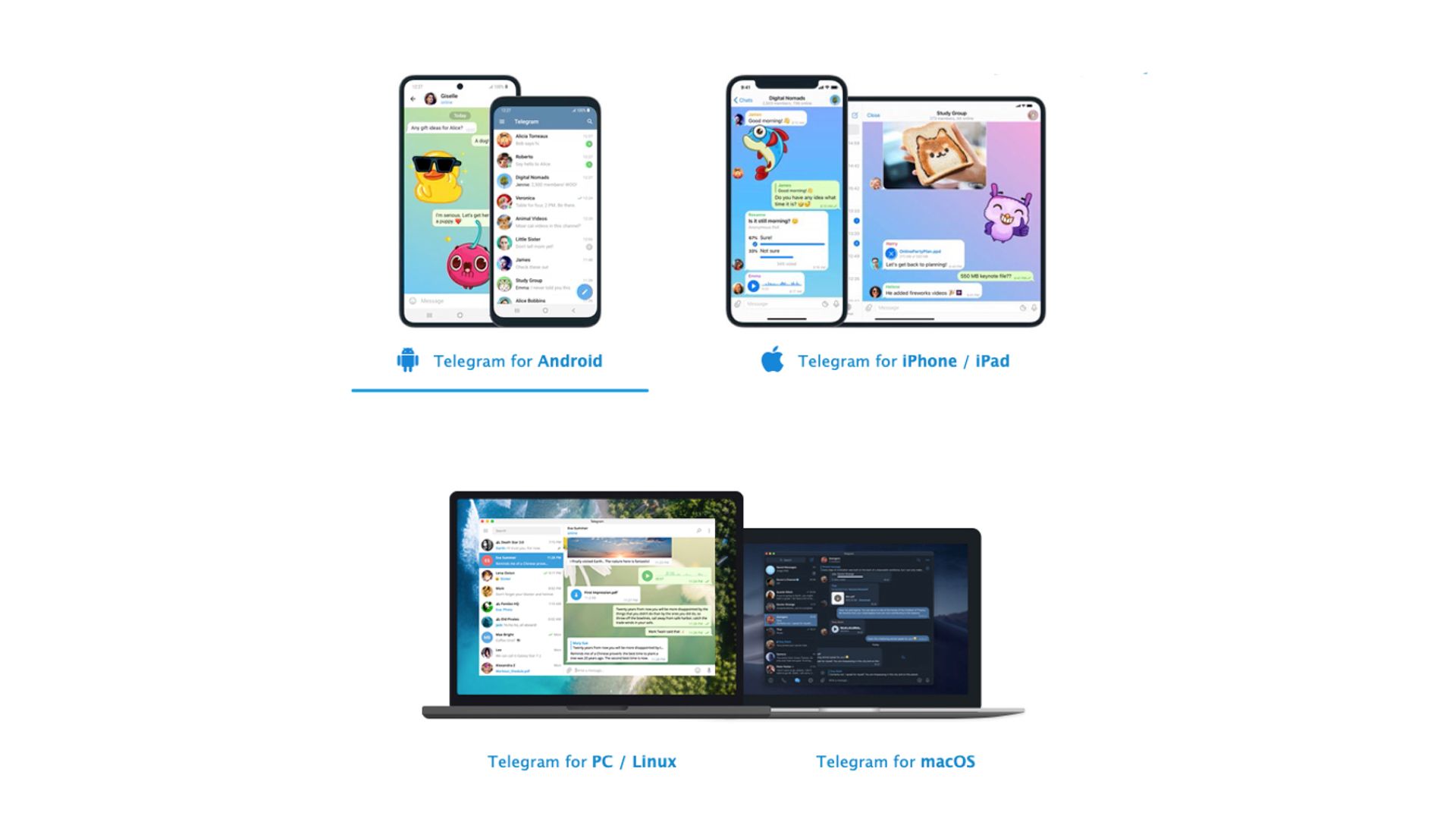 Telegram app options for iOS, Android, macOS, Windows, and Linux.
