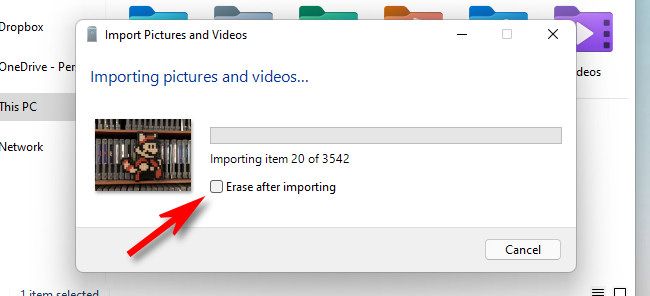 To delete the photos when imported, select "Erase after Importing."