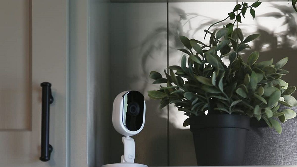 GE CYNC Smart Indoor Security Camera on shelf