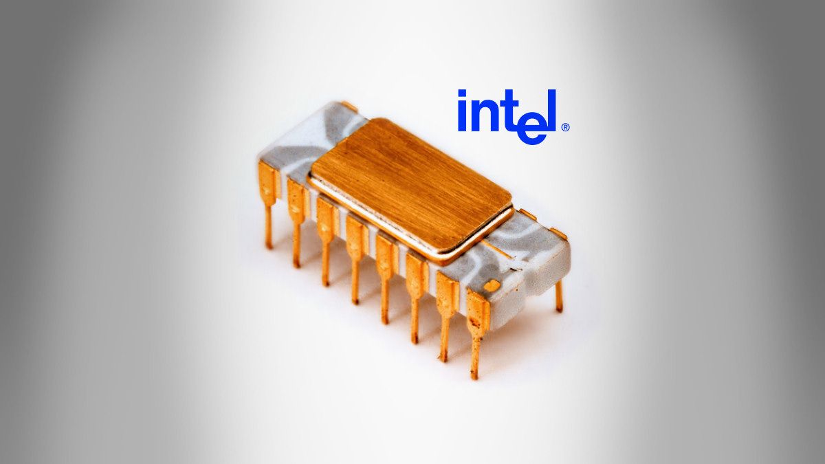 The Intel 4004 CPU chip in a ceramic and gold IC package
