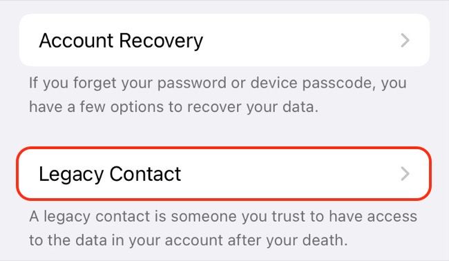 Access Legacy Contact screen in iOS 15.2