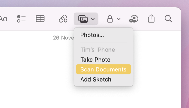 Insert images or documents in macOS Notes