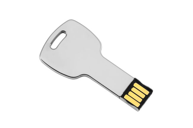 Silver-colored, key-shaped USB stick