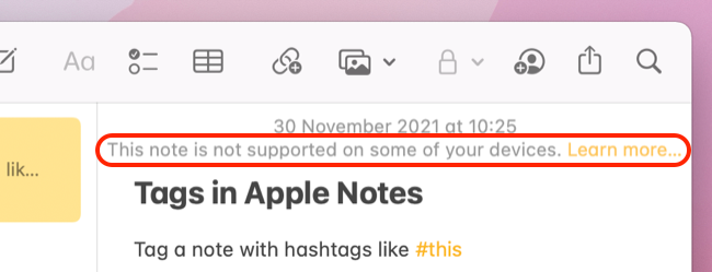 Note not compatible warning in Apple Notes