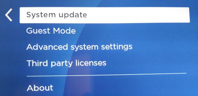 "System Update" option in the Roku system settings menu.
