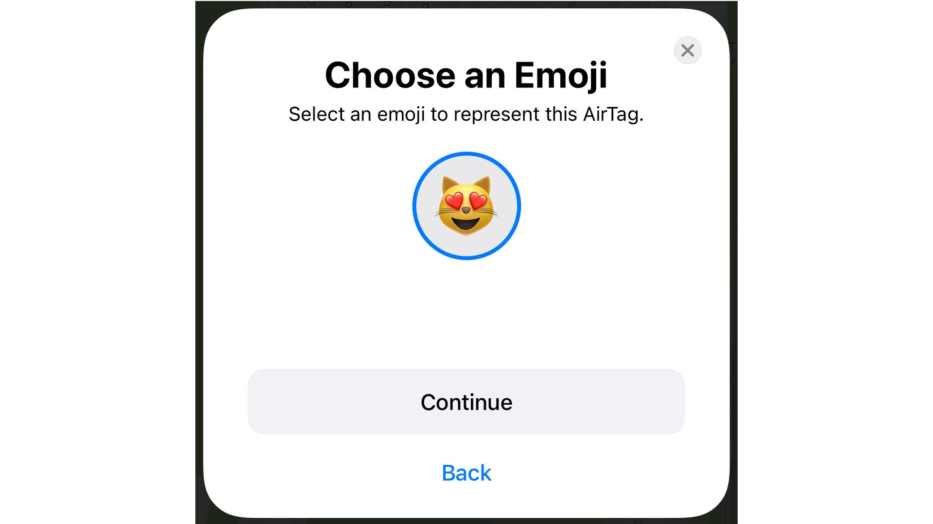 The custom emoji option in the AirTag setup wizard.