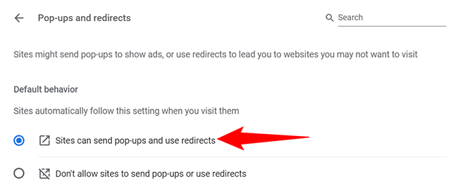 Turn on the "Sites Can Send Pop-Ups and Use Redirects" option.