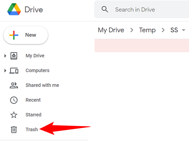 Click "Trash" in Drive's left sidebar.