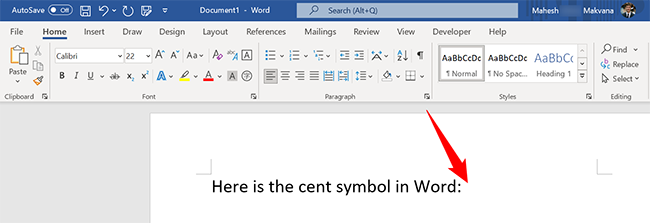 Select a location to add the cent symbol.