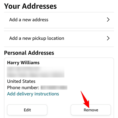 Tap "Remove" beneath an address.