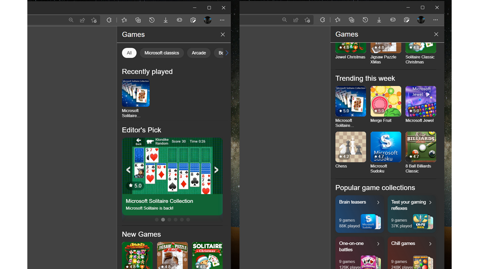 The new Games Panel in Microsoft Edge, featuring Solitaire and Billiards.