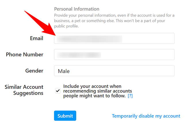 Enter the new email address in the "Email" field and click "Submit."
