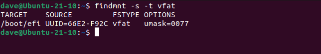 Using findmnt to search /etc/fstab for vfat file system mounts
