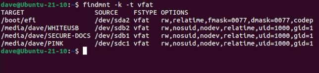 Using findmnt to search /proc/self/mount for vfat file system mounts