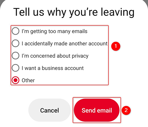 Choose a reason for account termination on the "Tell Us Why You're Leaving" screen.