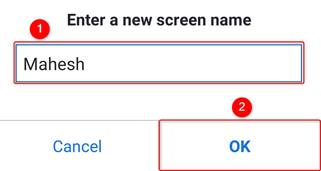 Enter a new name and click "OK" in the "Enter a New Screen Name" box.