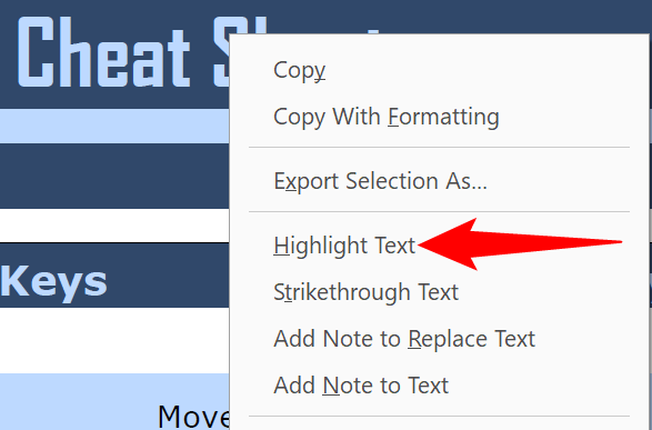 Right-click the text and choose "Highlight Text" from the menu.