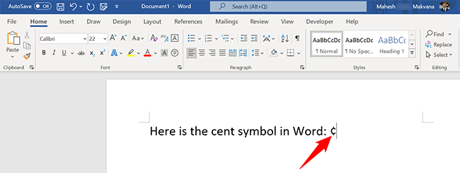 The cent symbol added in Word.