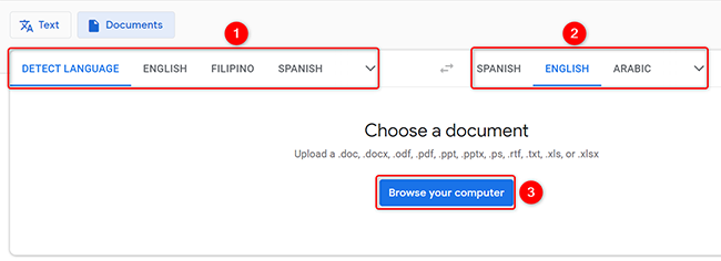 Specify PDF translation options on Google Translate.