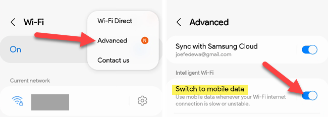 Samsung Galaxy switch to mobile network.