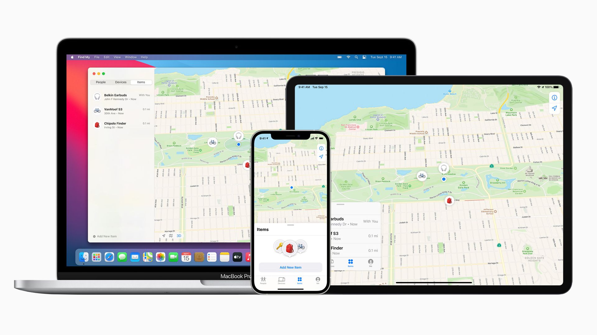 The Find My app open on a MacBook Pro, iPhone, and iPad.