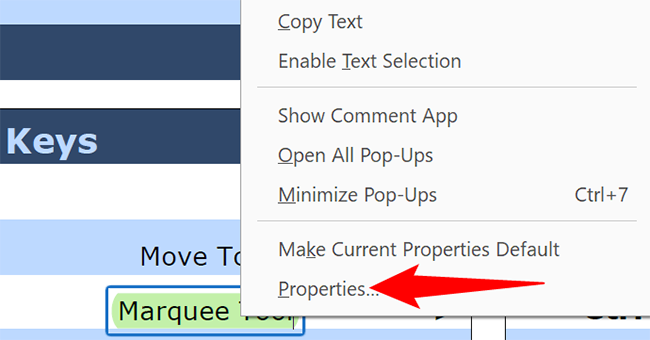 Right-click the highlighted text and choose "Properties."