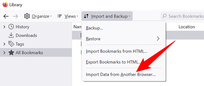Click Import and Backup &gt; Import Data From Another Browser on the &quot;Library&quot; window.