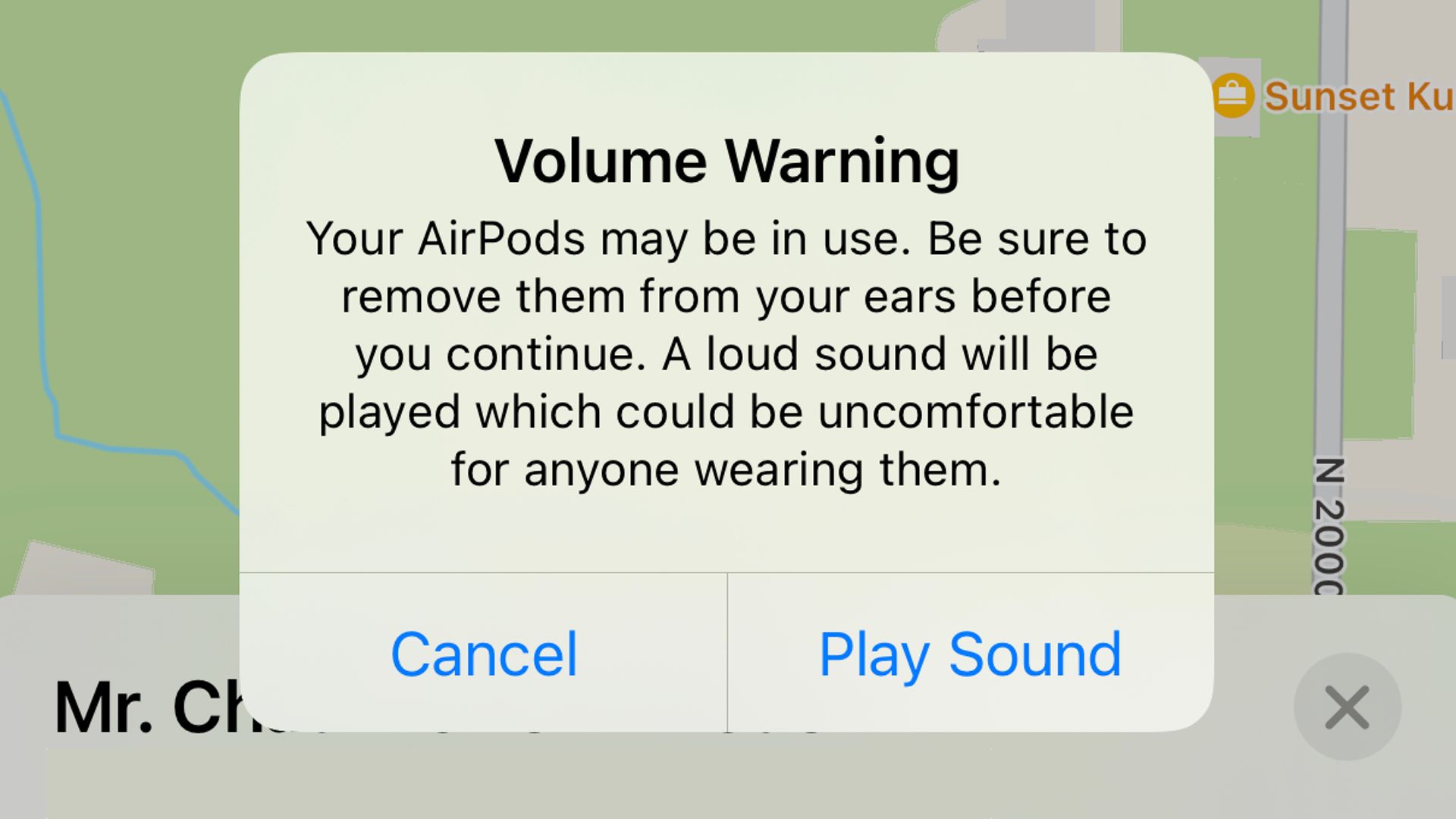 A volume warning displayed before playing a sound on lost AirPods.