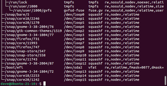 The tabulated output from findmnt