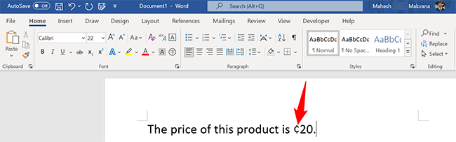 The cent symbol inserted in Word.