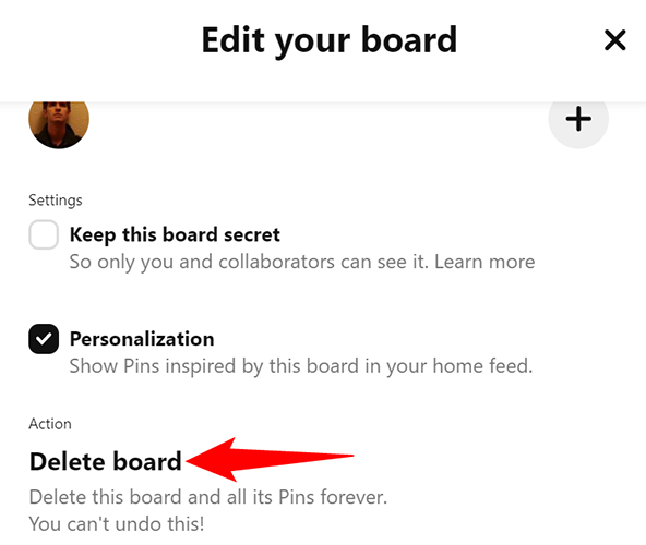 Click "Delete Board" on the
